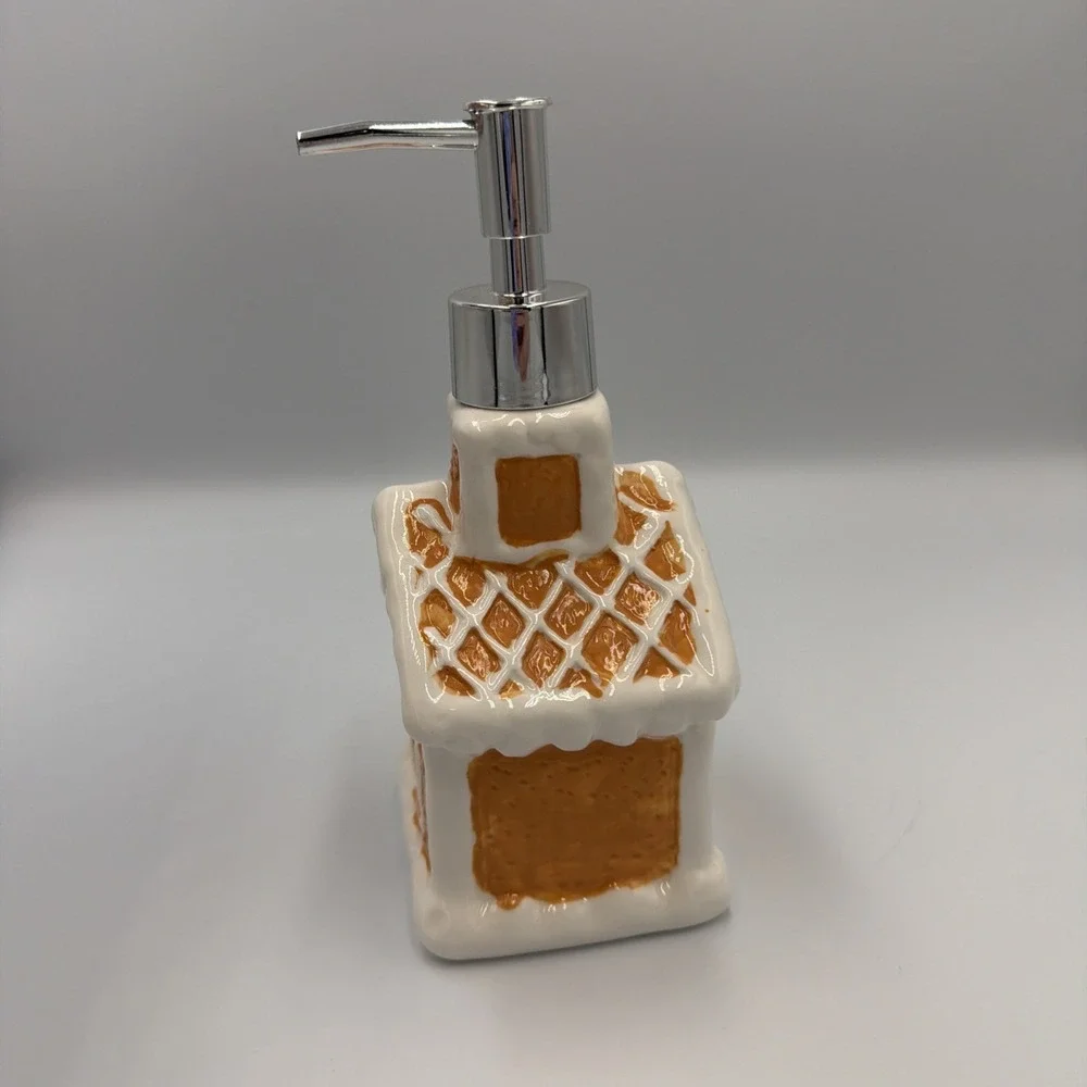 Ceramic Gingerbread House Soap Dispenser Christmas Holiday Kitchen Bathroom